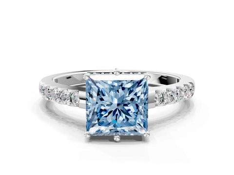 White gold Fancy Blue Princess Cut Solitaire Diamond Engagement Ring with Pavé Band and Six-Prong Setting_12
