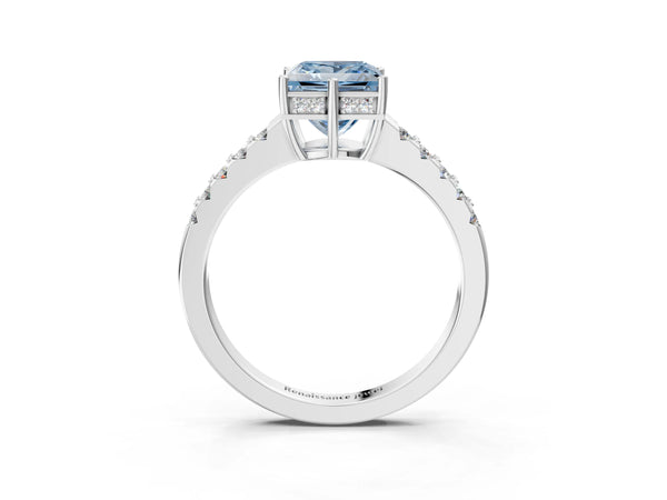 Platinum Fancy Blue Princess Cut Solitaire Diamond Engagement Ring with Pavé Band and Six-Prong Setting