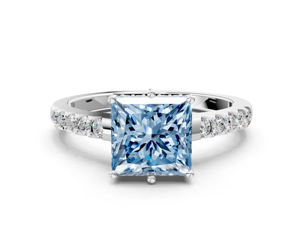 Platinum Fancy Blue Princess Cut Solitaire Diamond Engagement Ring with Pavé Band and Six-Prong Setting