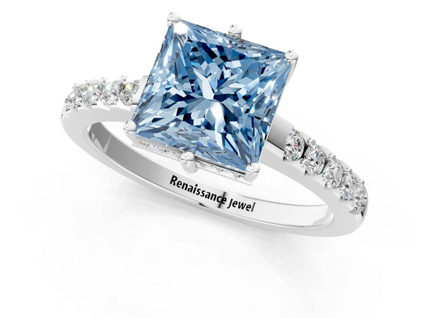 Platinum Fancy Blue Princess Cut Solitaire Diamond Engagement Ring with Pavé Band and Six-Prong Setting