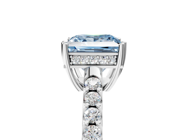 Platinum Fancy Blue Princess Cut Solitaire Diamond Engagement Ring with Pavé Band and Six-Prong Setting