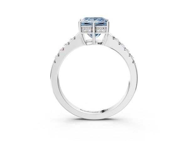 Platinum Fancy Blue Princess Cut Solitaire Diamond Engagement Ring with Pavé Band and Six-Prong Setting