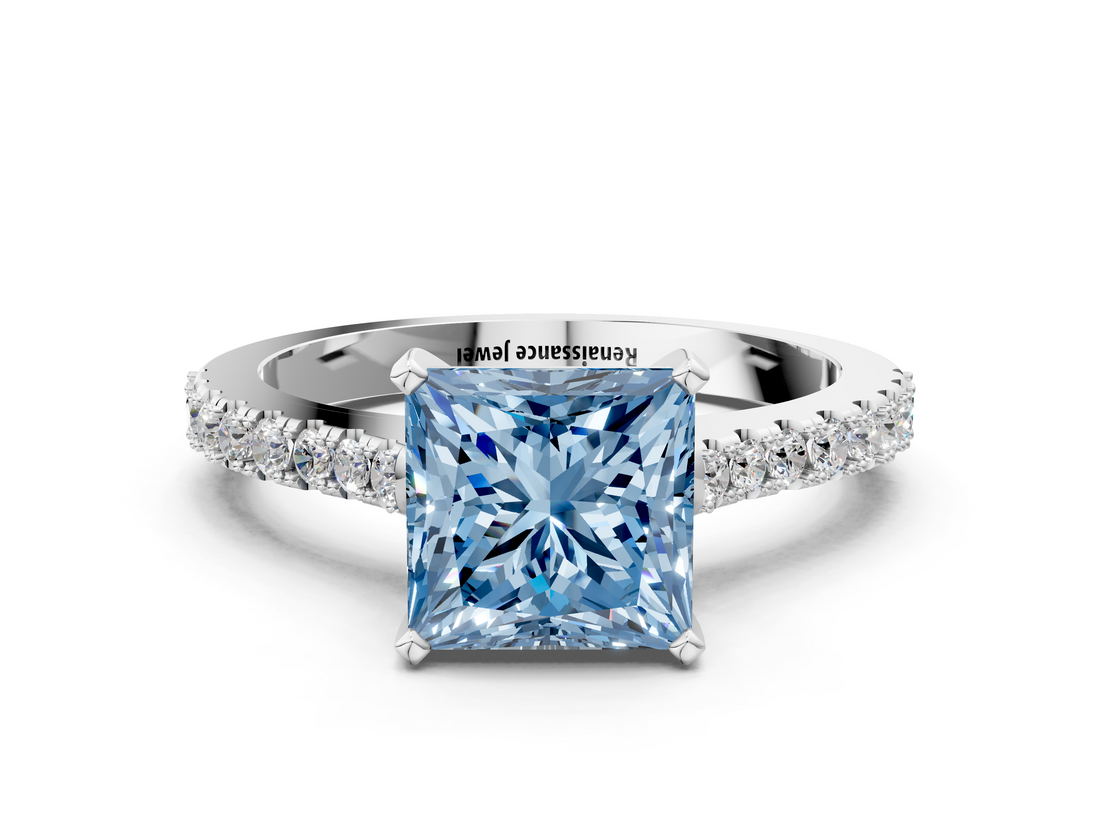 White gold Fancy Blue Princess  Cut Solitaire Diamond Engagement Ring with Pave Band and Four-Prong Setting_147