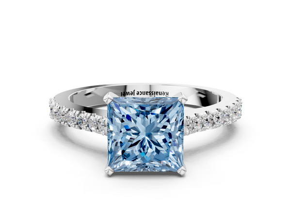 White gold Fancy Blue Princess  Cut Solitaire Diamond Engagement Ring with Pave Band and Four-Prong Setting