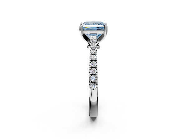 White gold Fancy Blue Princess  Cut Solitaire Diamond Engagement Ring with Pave Band and Four-Prong Setting