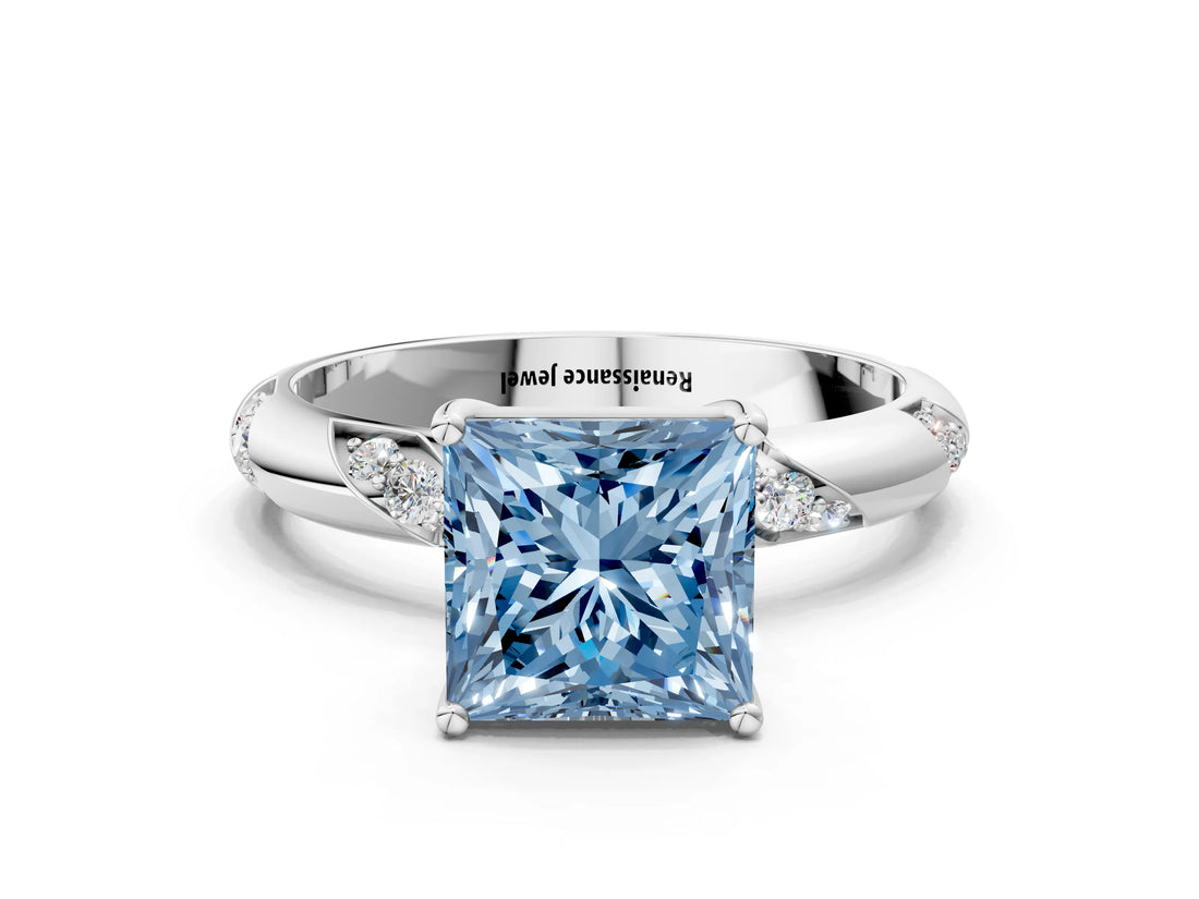 White gold Fancy Blue Princess Cut Solitaire Diamond Engagement Ring with Twisted Pave Band and Four-Prong Setting_37