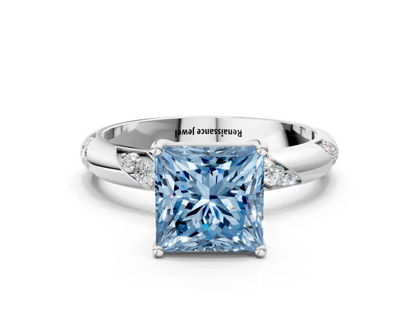 Platinum Fancy Blue Princess Cut Solitaire Diamond Engagement Ring with Twisted Pave Band and Four-Prong Setting