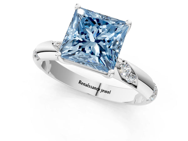 Platinum Fancy Blue Princess Cut Solitaire Diamond Engagement Ring with Twisted Pave Band and Four-Prong Setting