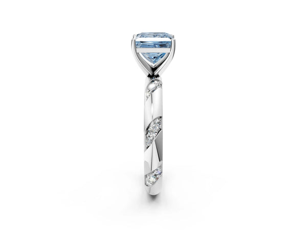 Platinum Fancy Blue Princess Cut Solitaire Diamond Engagement Ring with Twisted Pave Band and Four-Prong Setting