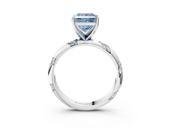 Platinum Fancy Blue Princess Cut Solitaire Diamond Engagement Ring with Twisted Pave Band and Four-Prong Setting