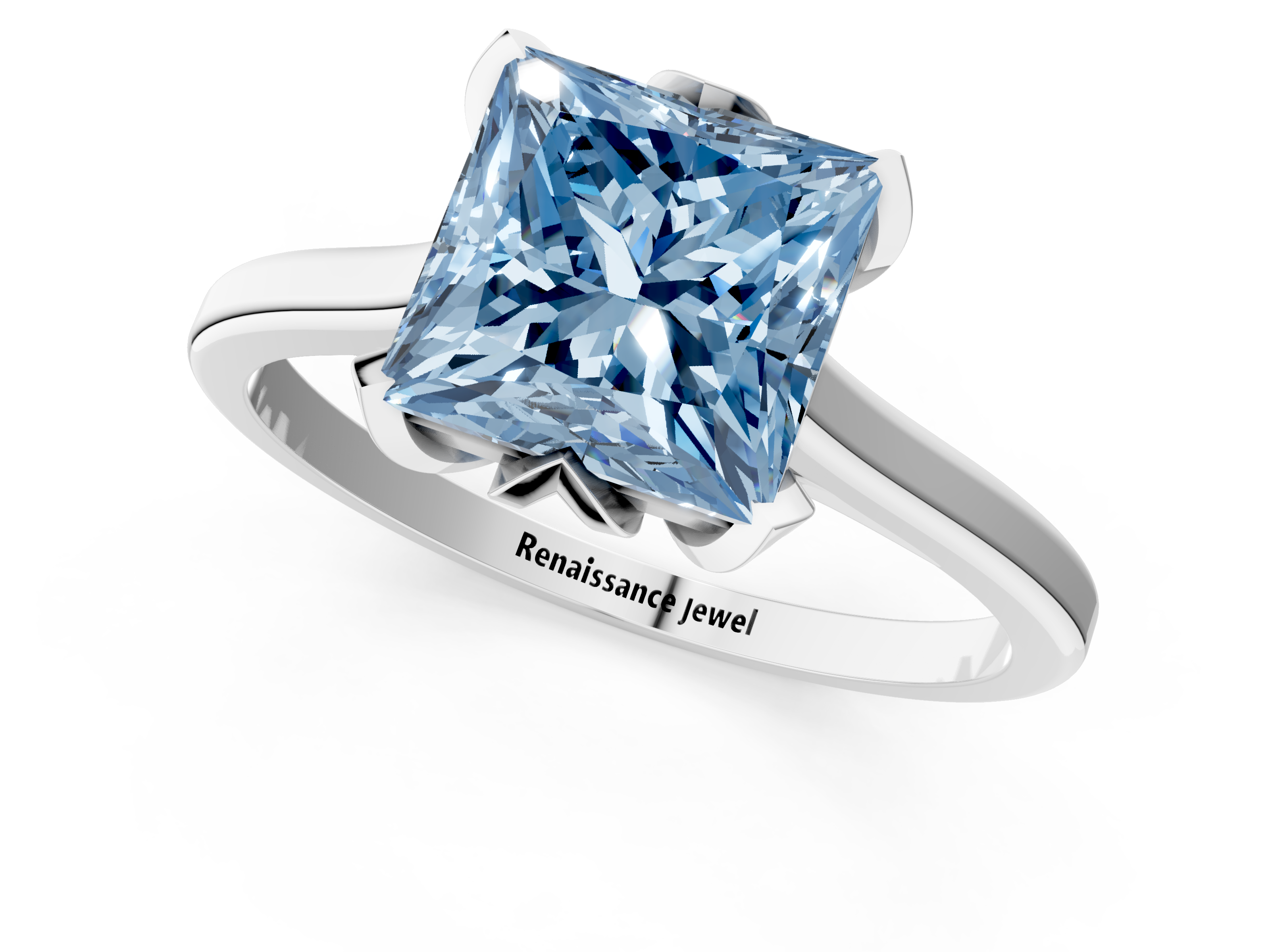 White gold Fancy Blue Princess  Cut Solitaire Diamond Ring with Flower-Prong Setting and Classic Band_42