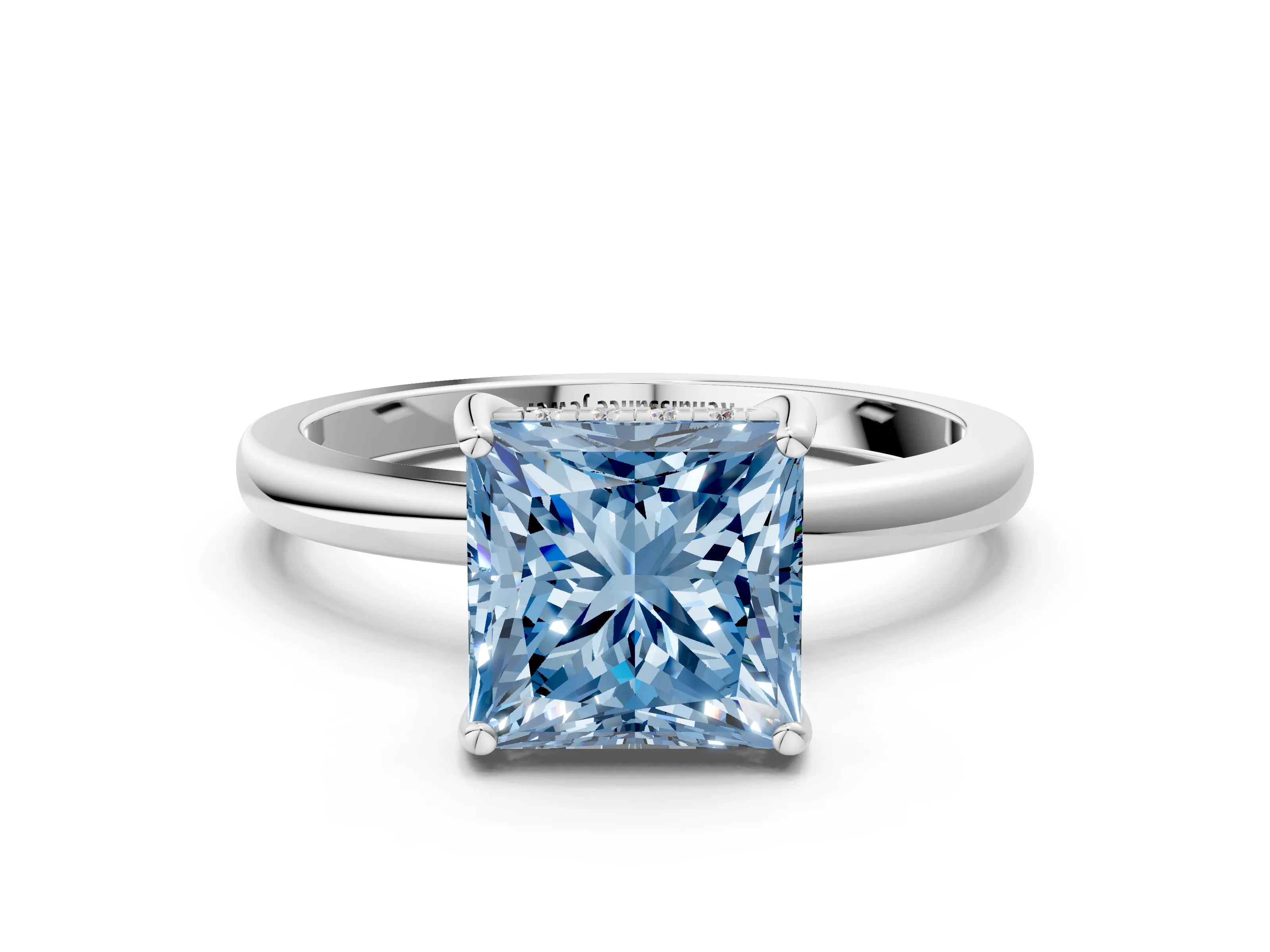 White gold Fancy Blue Princess Cut Solitaire Diamond Ring with Prong Setting and Plain Band