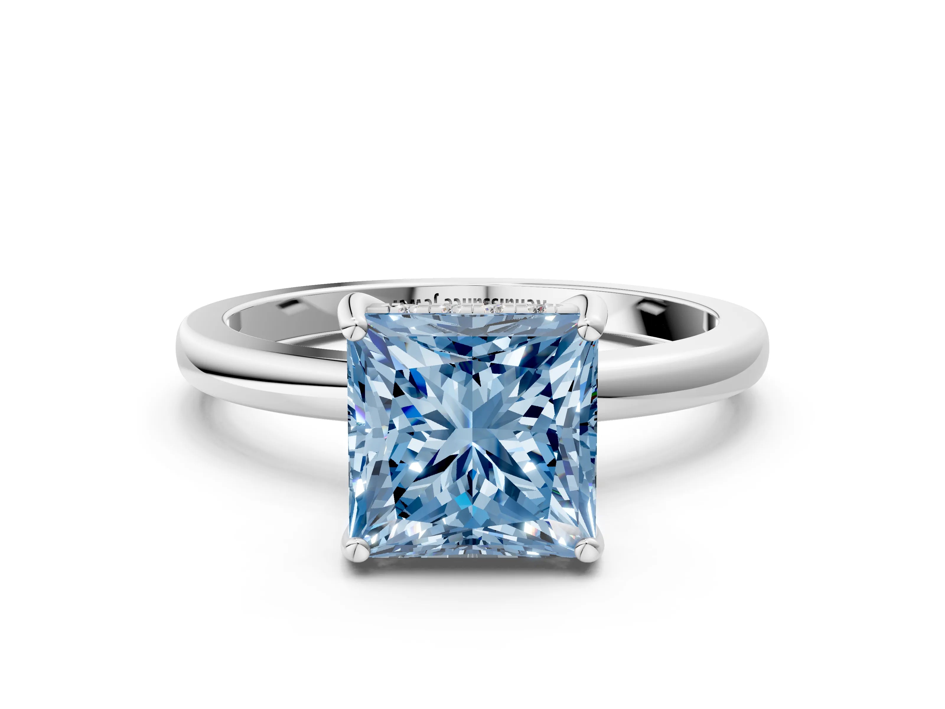 White gold Fancy Blue Princess Cut Solitaire Diamond Ring with Prong Setting and Plain Band_12