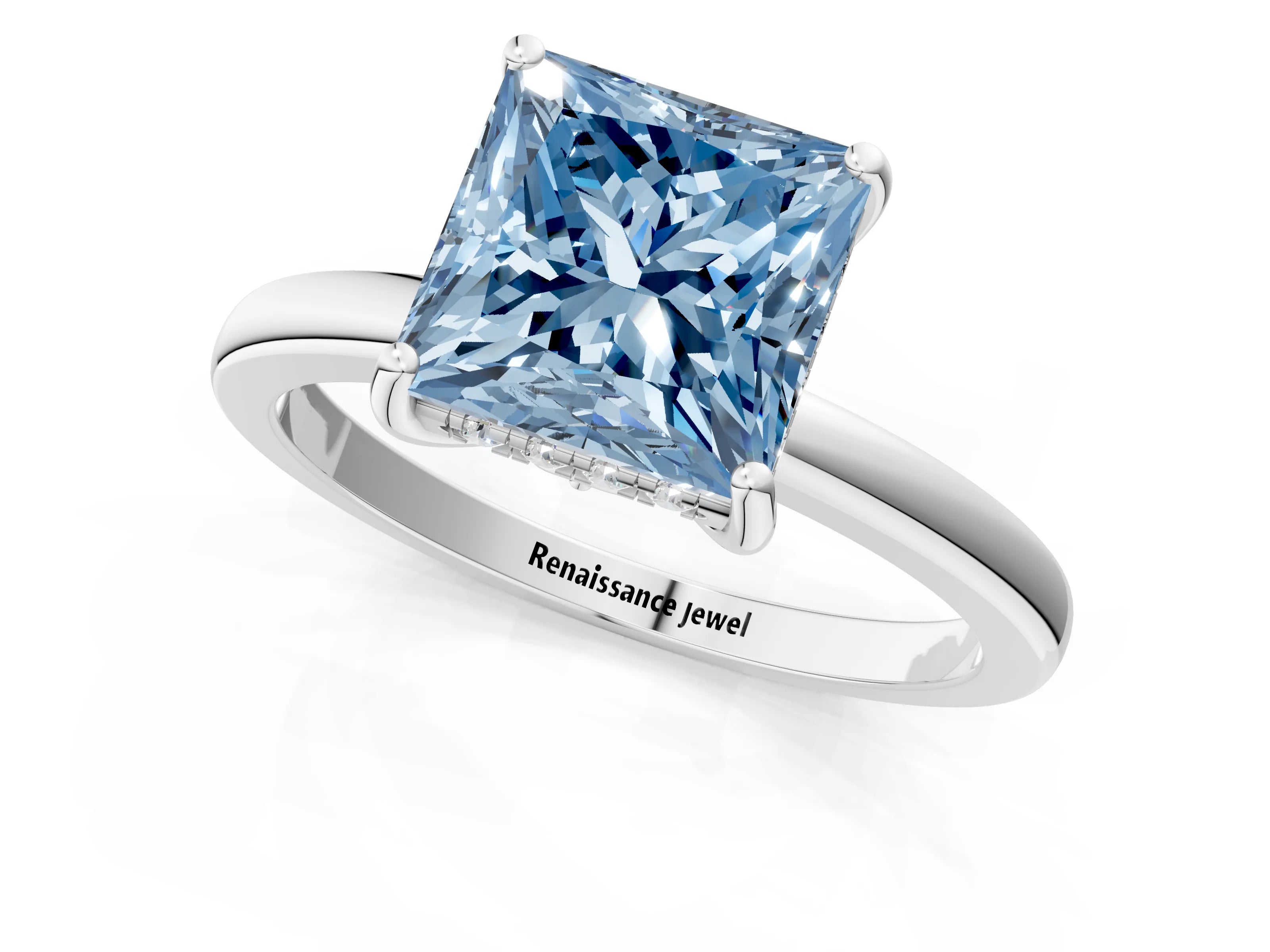 White gold Fancy Blue Princess Cut Solitaire Diamond Ring with Prong Setting and Plain Band_13