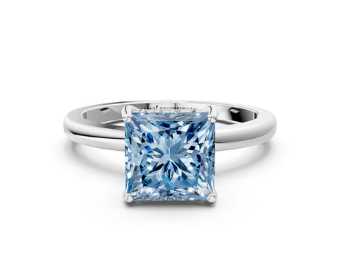White gold Fancy Blue Princess Cut Solitaire Diamond Ring with Prong Setting and Plain Band