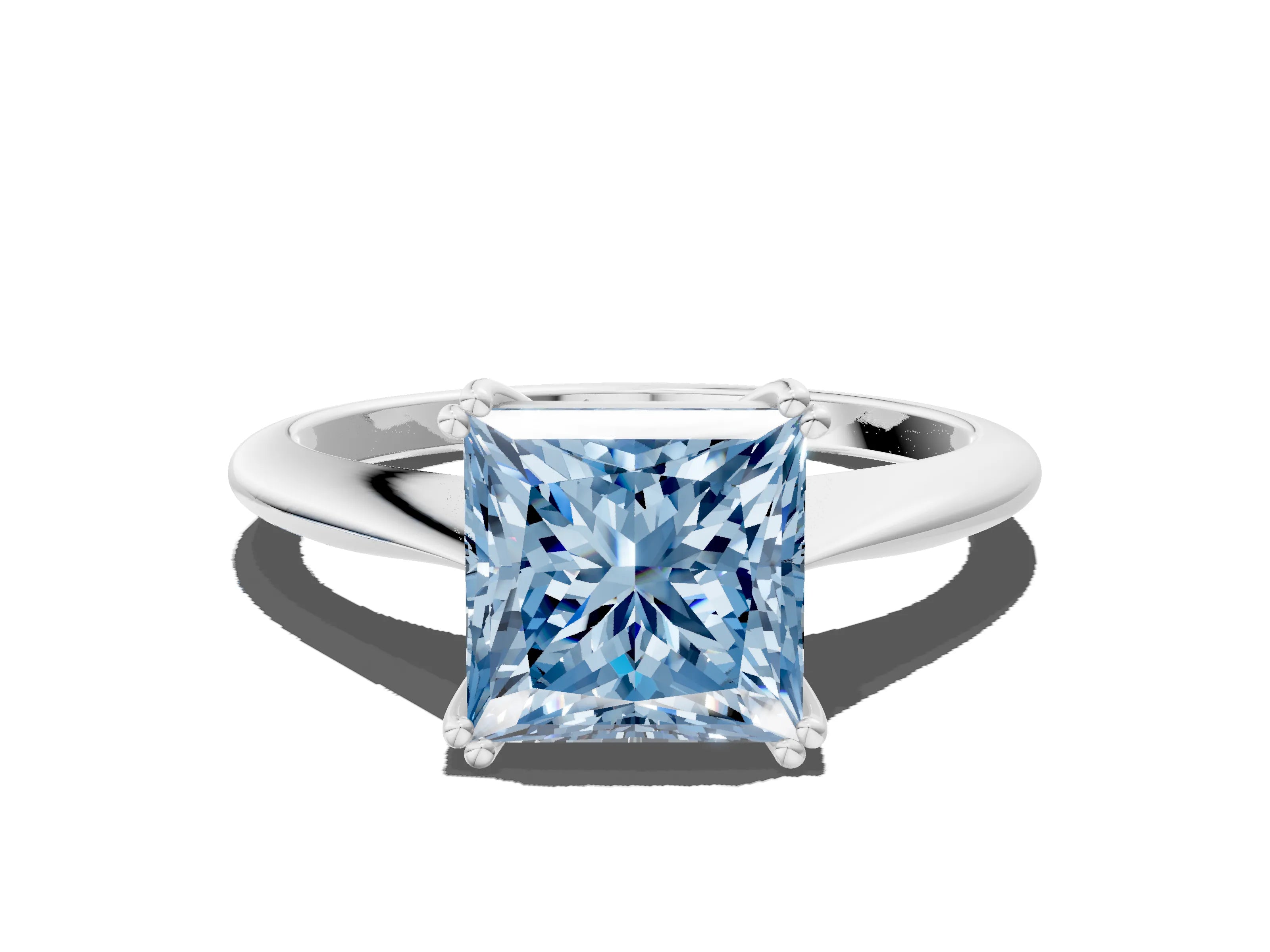 White gold Fancy Blue Princess Cut Solitaire Diamond Ring with Six-Prong Setting and Classic Band
