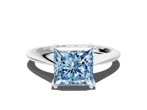 White gold Fancy Blue Princess Cut Solitaire Diamond Ring with Six-Prong Setting and Classic Band