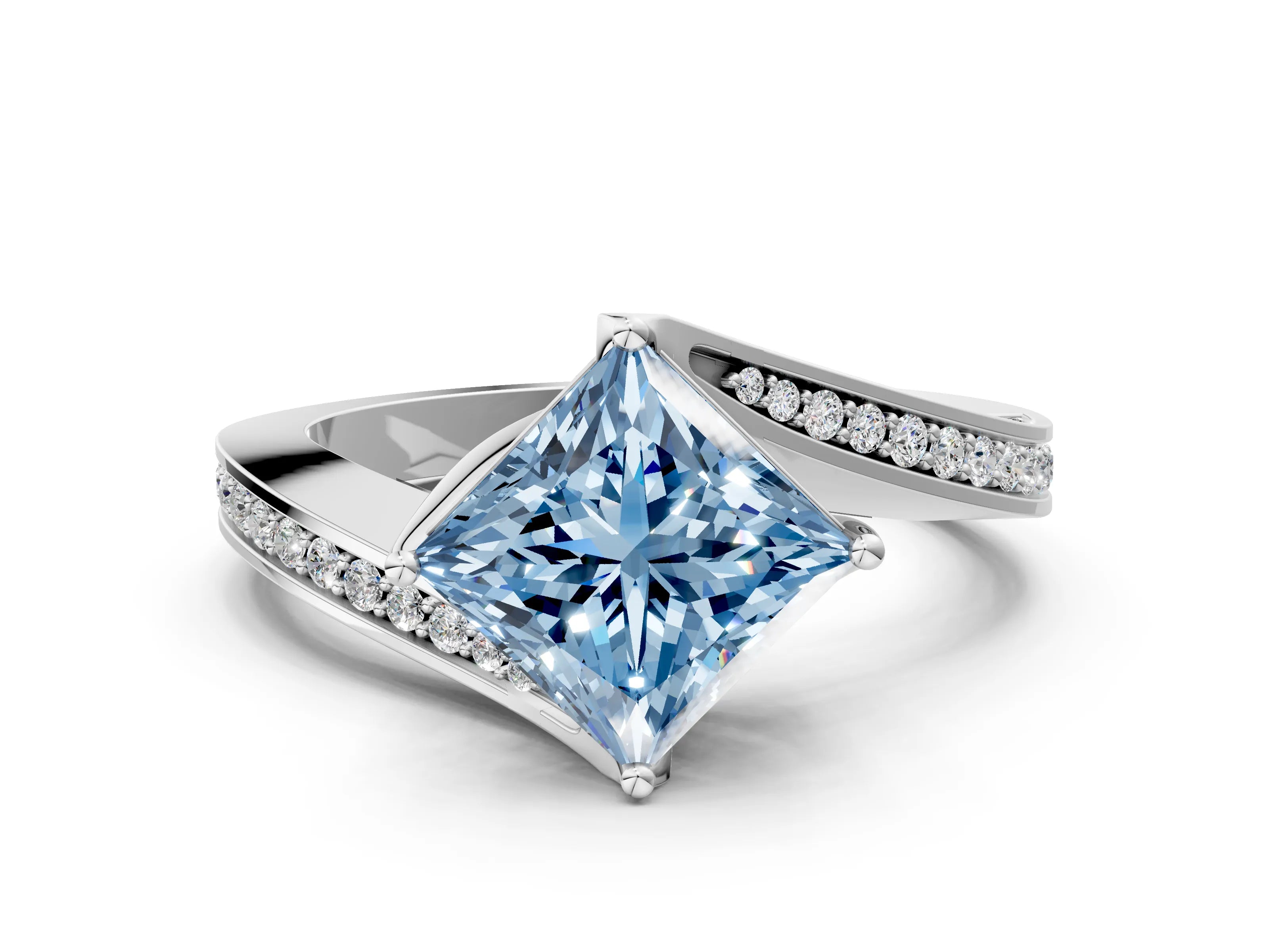 White gold Fancy Blue Princess Cut Solitaire Diamond Twist Band with Pavé Setting and Four-Prong Setting_12