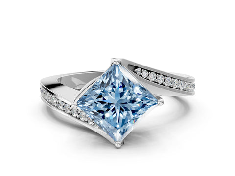 White gold Fancy Blue Princess Cut Solitaire Diamond Twist Band with Pavé Setting and Four-Prong Setting_12