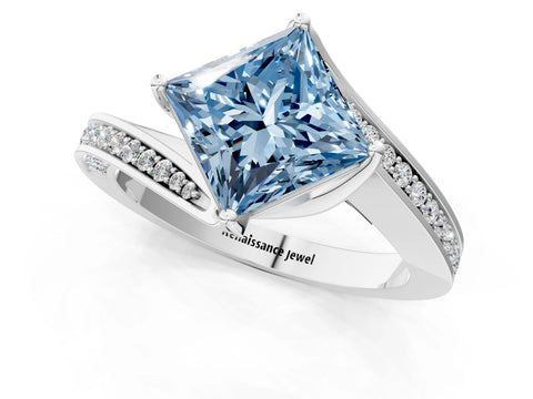 White gold Fancy Blue Princess Cut Solitaire Diamond Twist Band with Pavé Setting and Four-Prong Setting_13