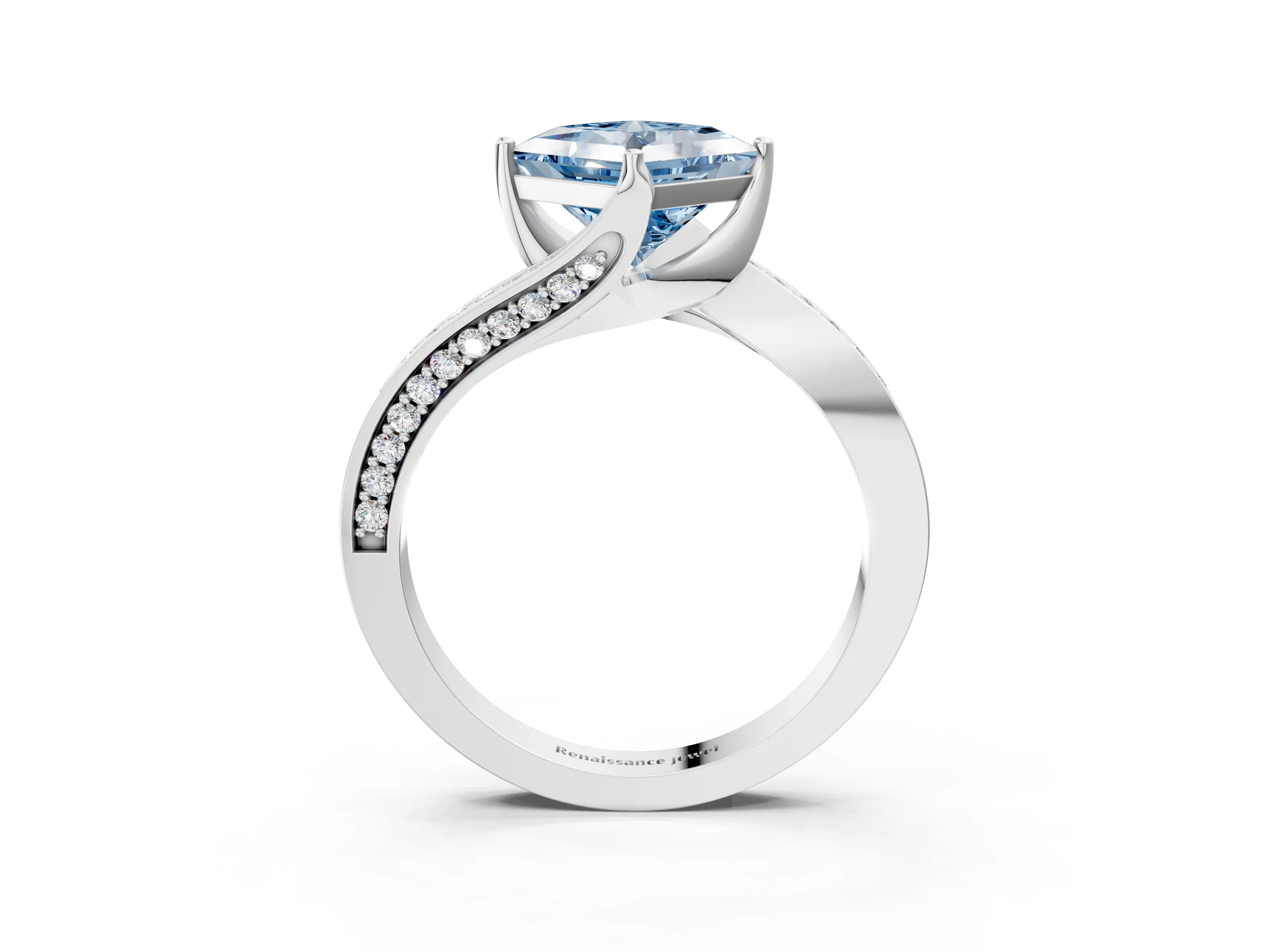 White gold Fancy Blue Princess Cut Solitaire Diamond Twist Band with Pavé Setting and Four-Prong Setting_15
