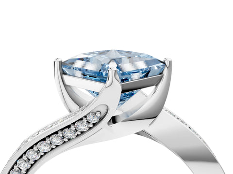 White gold Fancy Blue Princess Cut Solitaire Diamond Twist Band with Pavé Setting and Four-Prong Setting_16