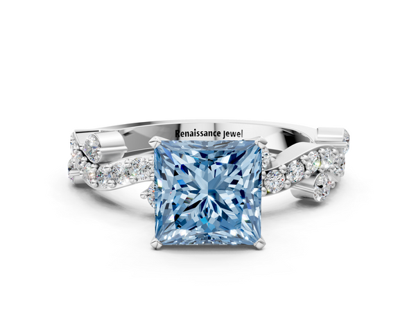 Platinum Fancy Blue Princess  Cut Solitaire Diamond Twisted Band with Pave Setting