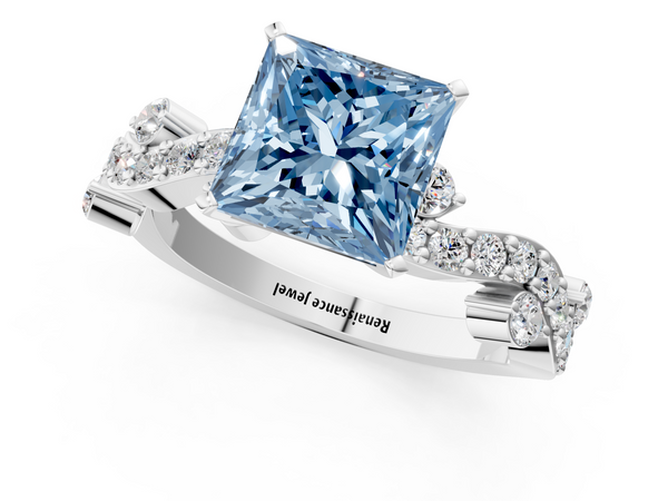 Platinum Fancy Blue Princess  Cut Solitaire Diamond Twisted Band with Pave Setting