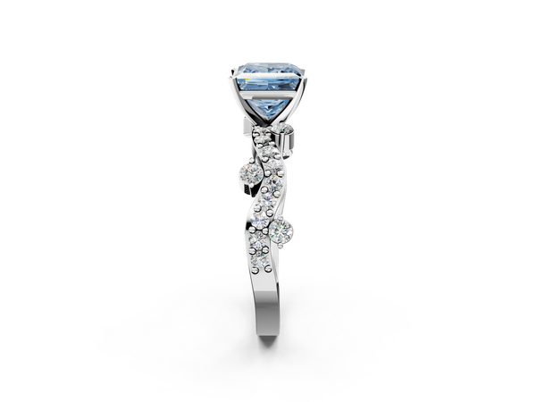 Platinum Fancy Blue Princess  Cut Solitaire Diamond Twisted Band with Pave Setting