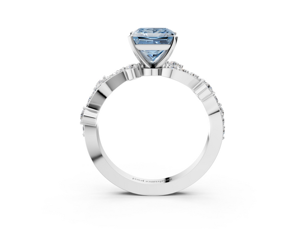 Platinum Fancy Blue Princess  Cut Solitaire Diamond Twisted Band with Pave Setting