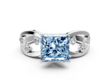 White gold Fancy Blue Princess  Cut Solitaire Diamond with Side Stones on Criss-Cross Band and Four-Prong Setting_3