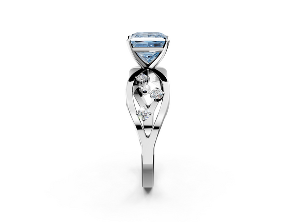 Platinum Fancy Blue Princess  Cut Solitaire Diamond with Side Stones on Criss-Cross Band and Four-Prong Setting