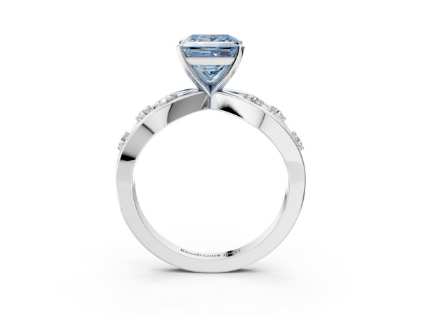Platinum Fancy Blue Princess  Cut Solitaire Diamond with Side Stones on Criss-Cross Band and Four-Prong Setting