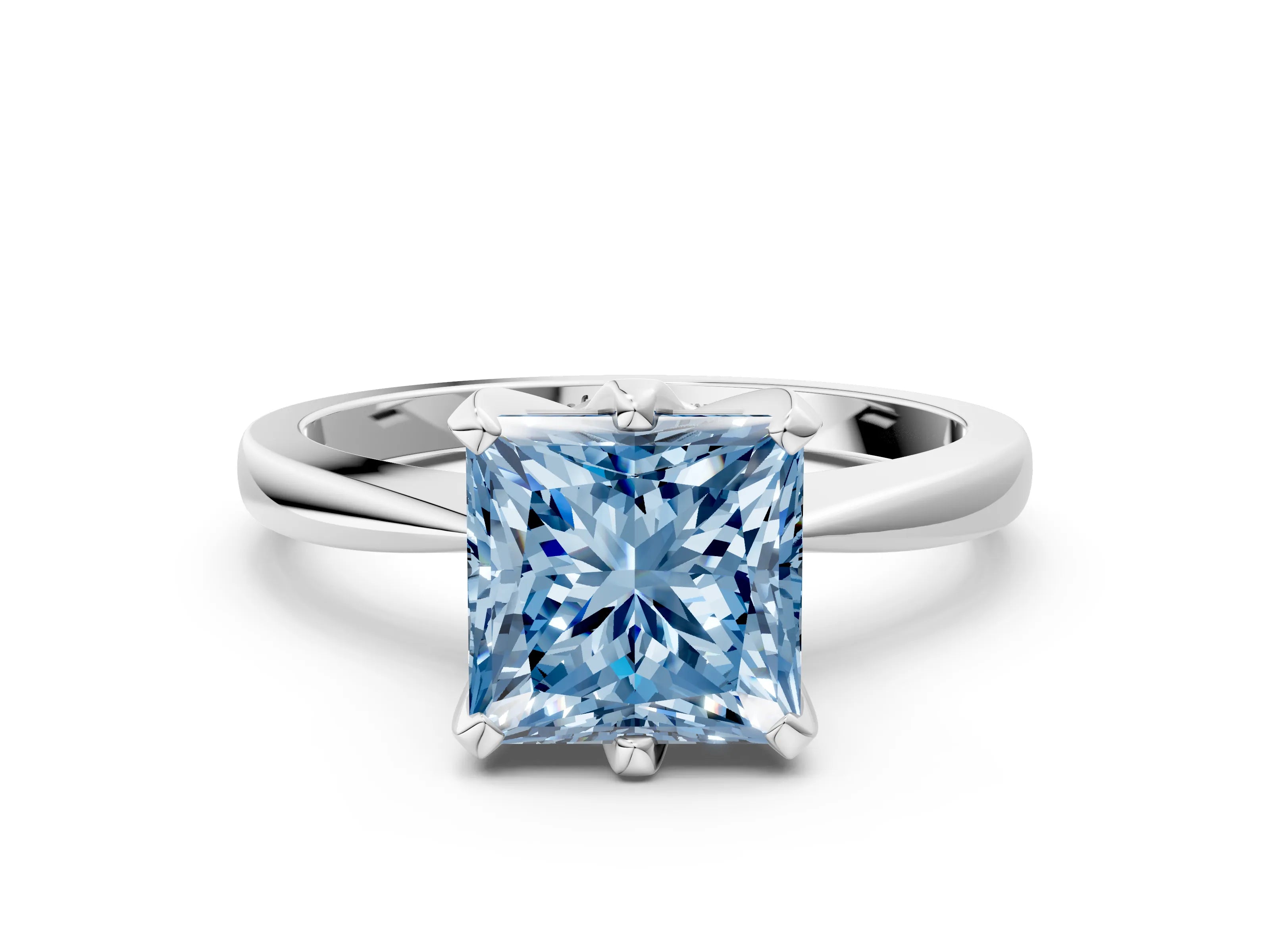 White gold Fancy Blue Princess Cut Solitaire Engagement Ring with Six-Prong Setting and Tapered Band