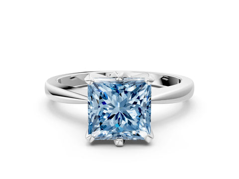 White gold Fancy Blue Princess Cut Solitaire Engagement Ring with Six-Prong Setting and Tapered Band