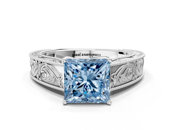White Gold Princess Cut Vintage Engraved Solitaire Engagement Ring Setting for Fancy Blue Center