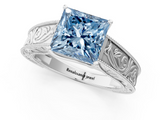 White gold Fancy Blue Princess  Cut Solitaire Engraved Band with Four-Prong Setting_102