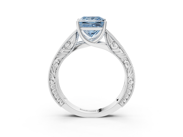 White Gold Princess Cut Vintage Engraved Solitaire Engagement Ring Setting for Fancy Blue Center