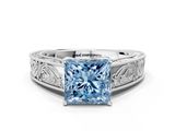 White gold Fancy Blue Princess  Cut Solitaire Engraved Band with Four-Prong Setting_107