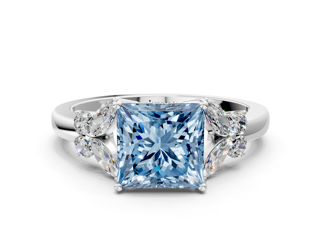 White gold Fancy Blue Princess  Cut Solitaire Floral Diamond Ring with Four-Prong Setting_37