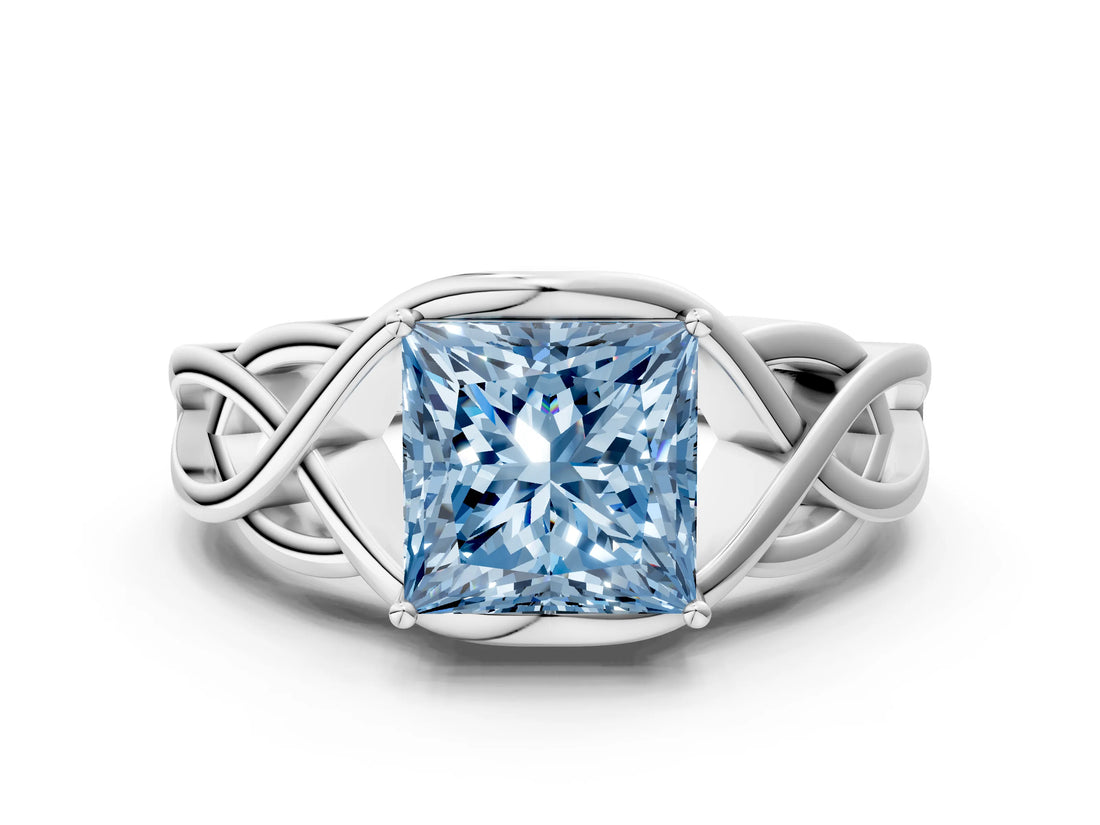 White gold Fancy Blue Princess Cut Solitaire Intertwined Band Prong Setting Ring