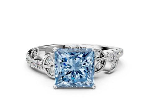 White gold Fancy Blue Princess Cut Solitaire Leaf-Inspired Diamond Ring with Pavé Band and Four-Prong Setting_18