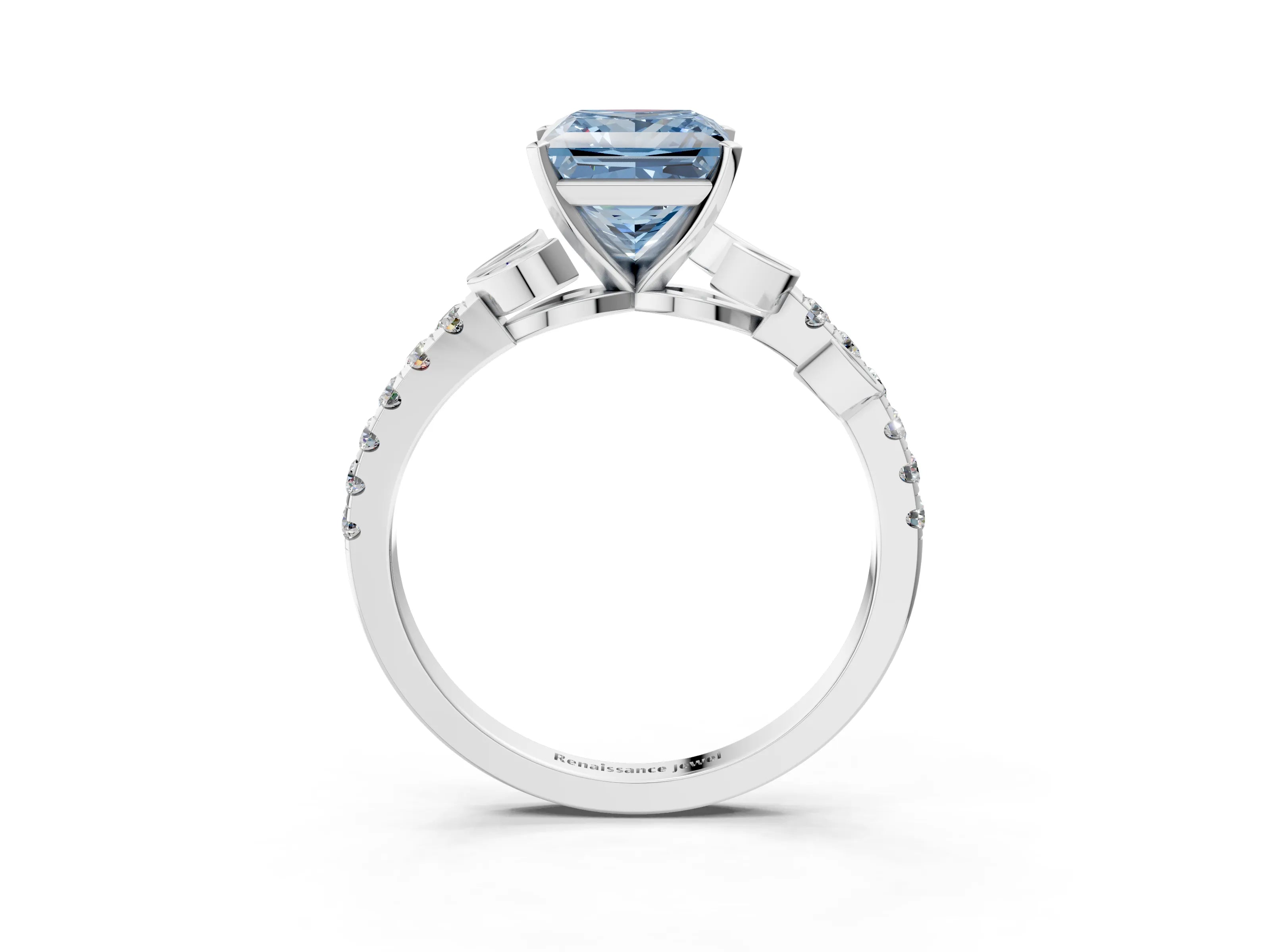 White gold Fancy Blue Princess Cut Solitaire Leaf-Inspired Diamond Ring with Pavé Band and Four-Prong Setting_21