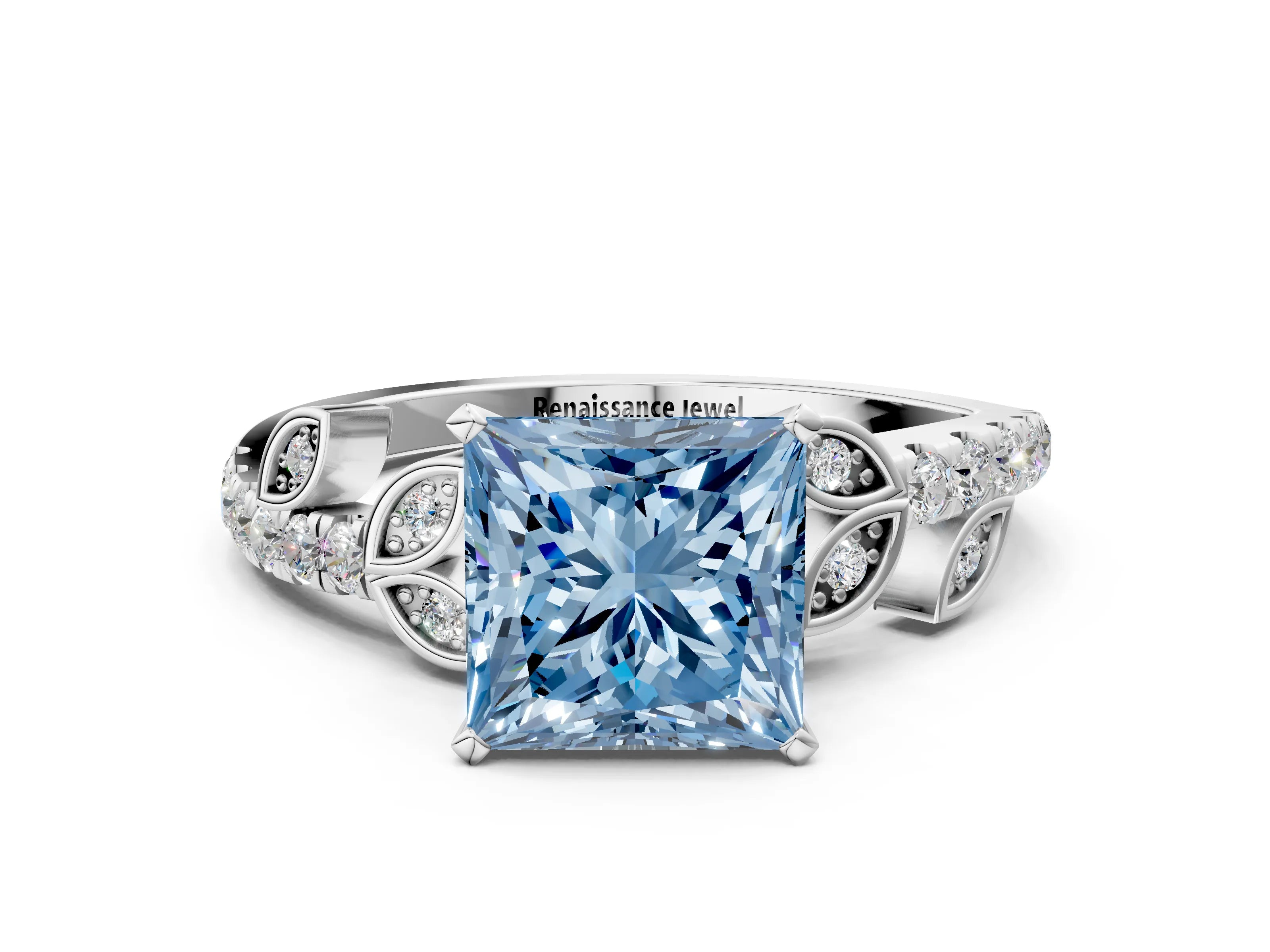 White gold Fancy Blue Princess Cut Solitaire Leaf-Inspired Diamond Ring with Pavé Band and Four-Prong Setting_30