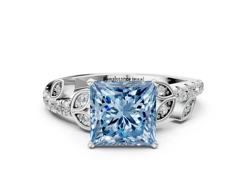 White gold Fancy Blue Princess Cut Solitaire Leaf-Inspired Diamond Ring with Pavé Band and Four-Prong Setting_30