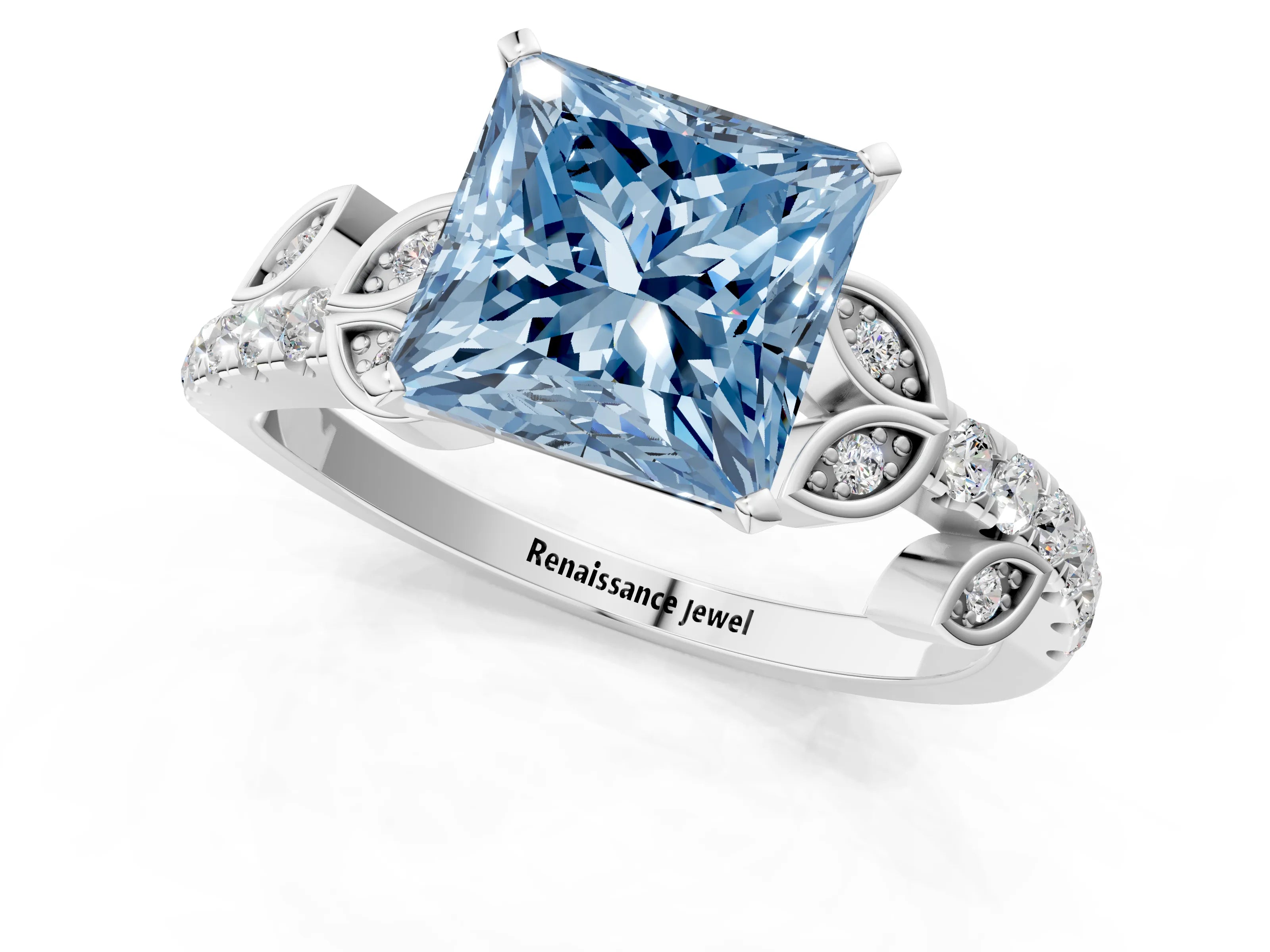 White gold Fancy Blue Princess Cut Solitaire Leaf-Inspired Diamond Ring with Pavé Band and Four-Prong Setting_31