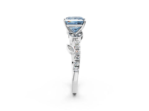 White gold Fancy Blue Princess Cut Solitaire Leaf-Inspired Diamond Ring with Pavé Band and Four-Prong Setting_32