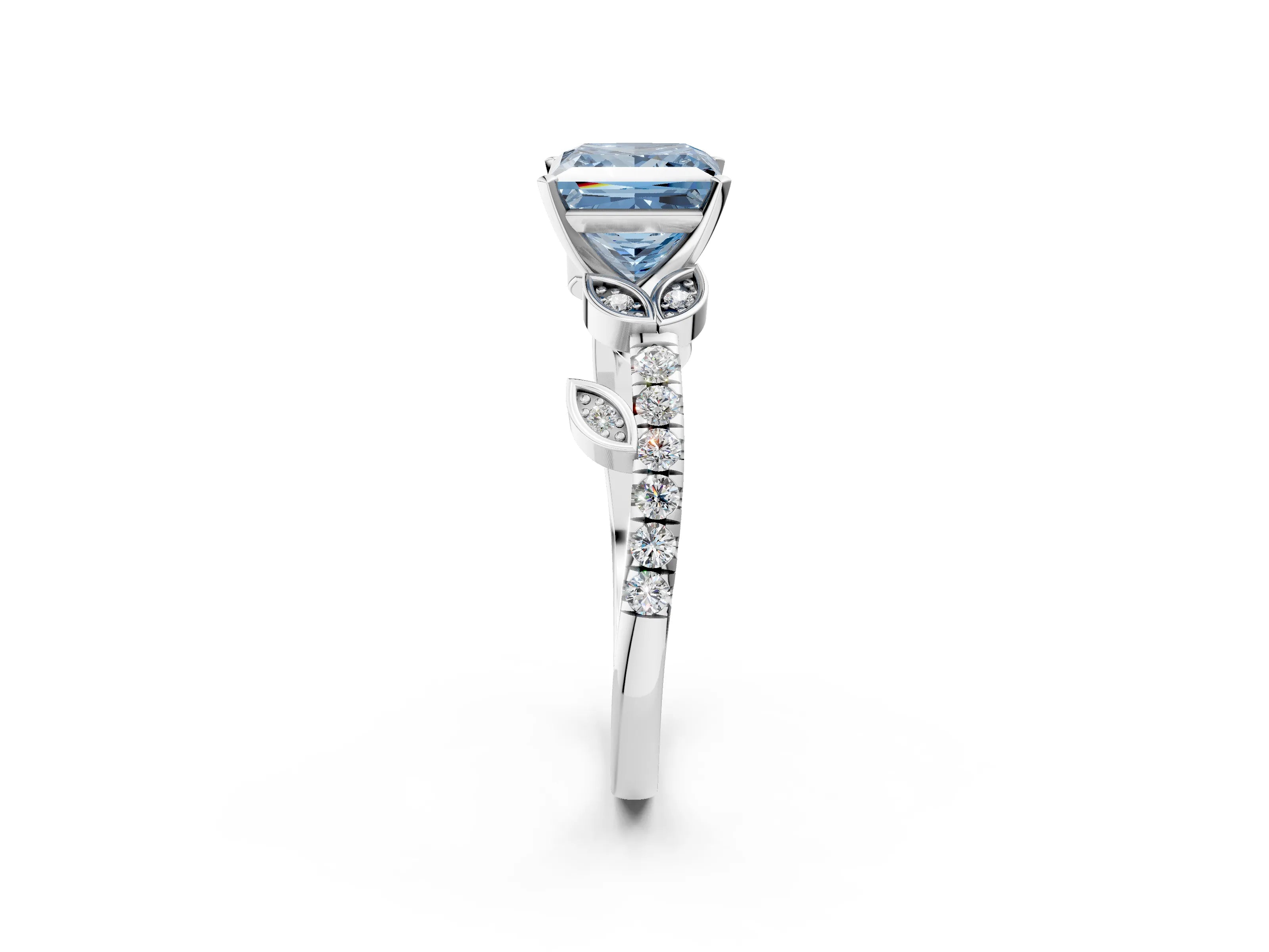 White gold Fancy Blue Princess Cut Solitaire Leaf-Inspired Diamond Ring with Pavé Band and Four-Prong Setting_34