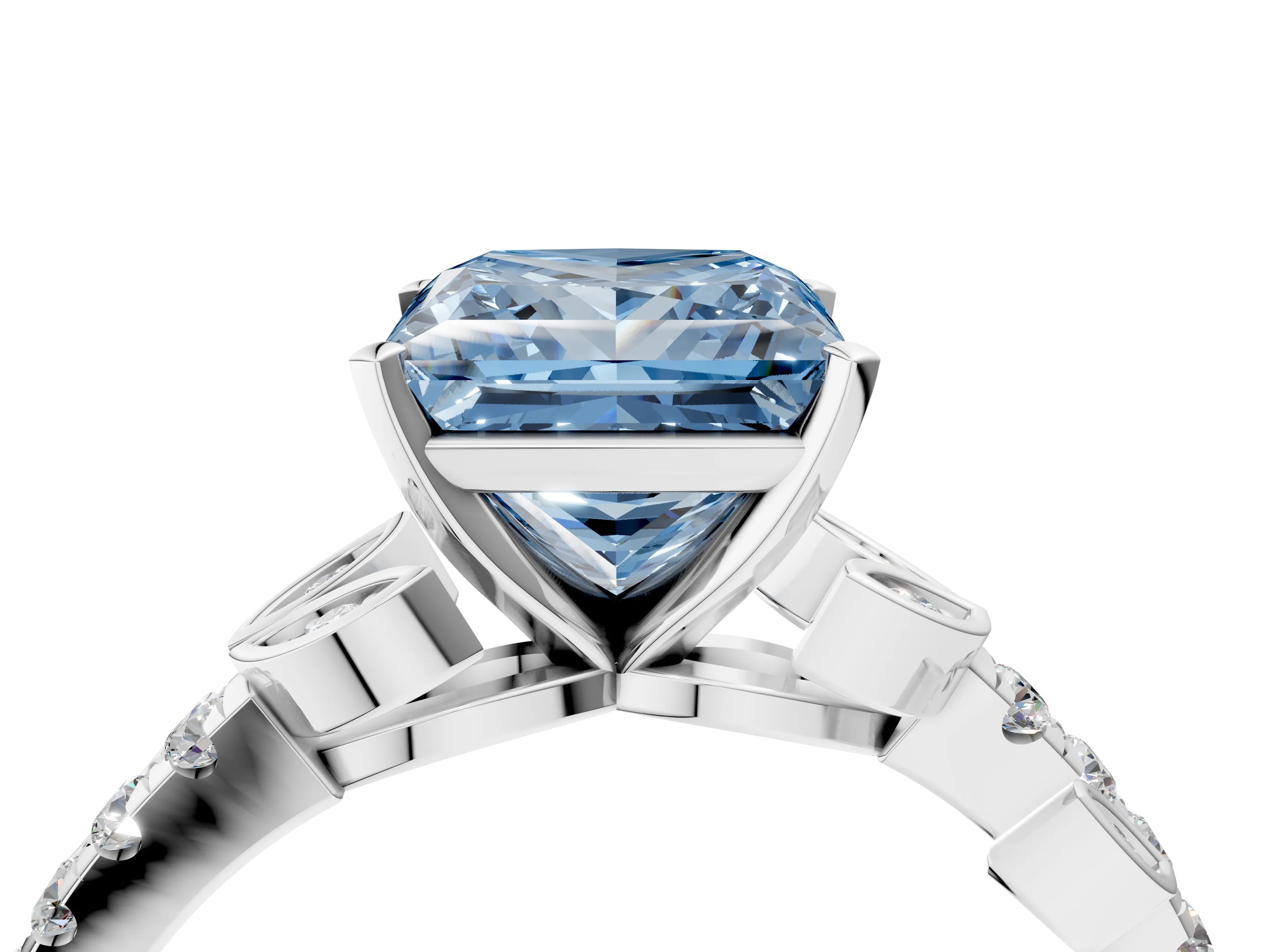 White gold Fancy Blue Princess Cut Solitaire Leaf-Inspired Diamond Ring with Pavé Band and Four-Prong Setting_34