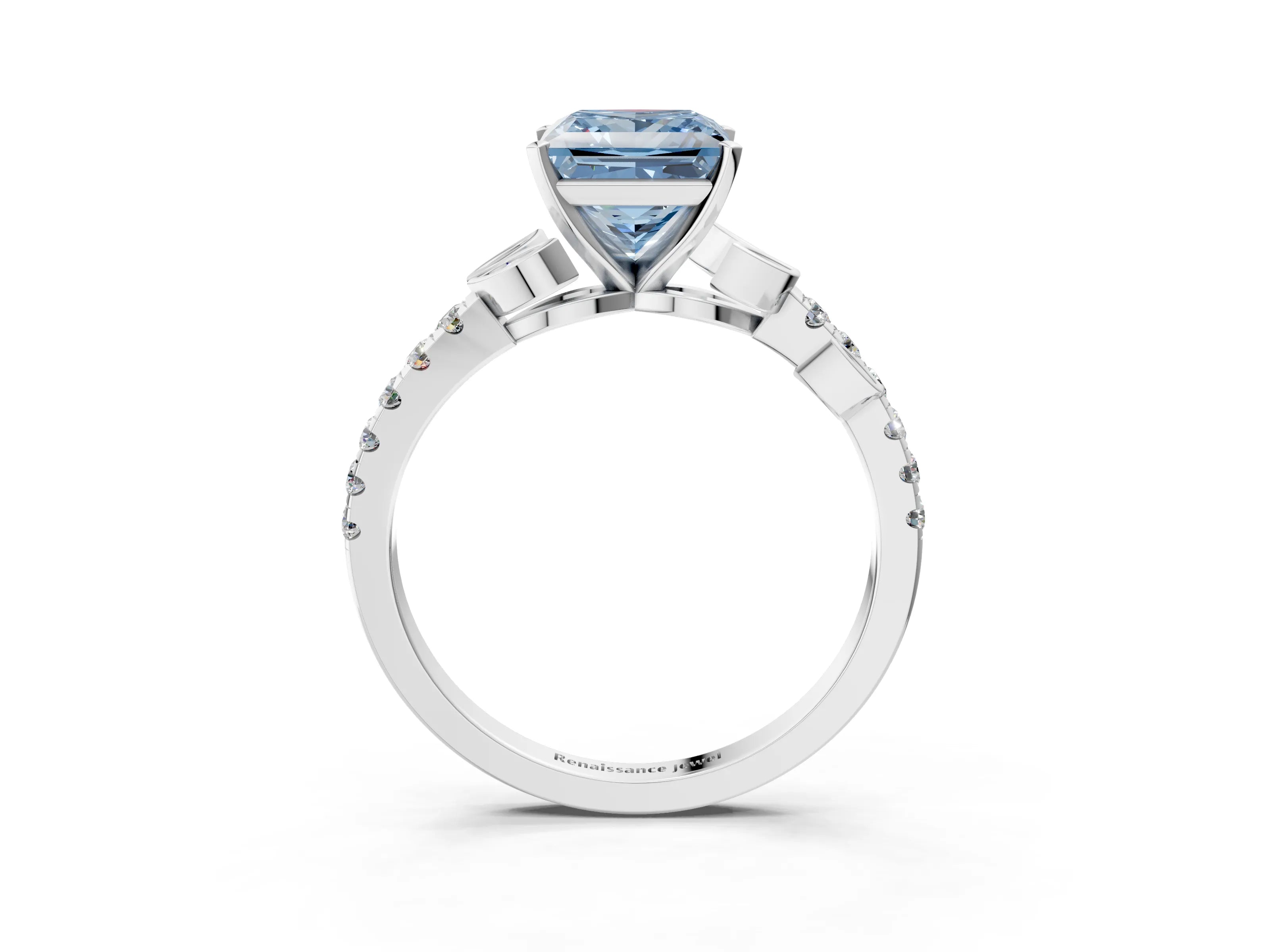 White gold Fancy Blue Princess Cut Solitaire Leaf-Inspired Diamond Ring with Pavé Band and Four-Prong Setting_35